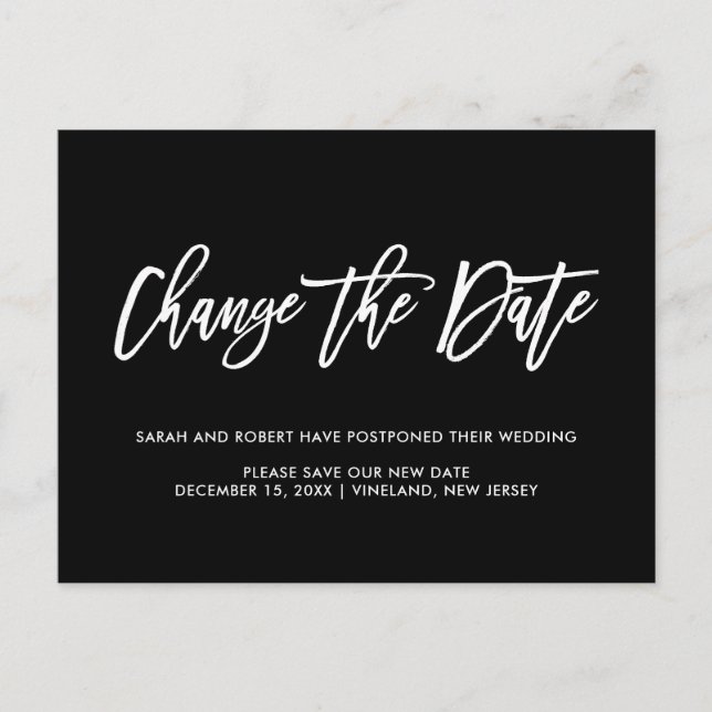Cartão Postal De Anúncio Preto Alterar a data Adiada casamento Cancelado (Frente)