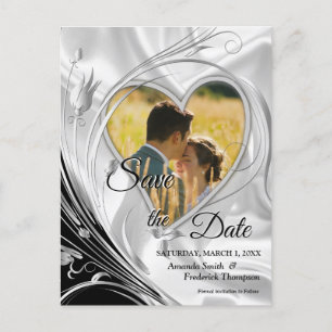 Cartão Postal De Anúncio Preto com Prata em Seda Champanhe Save the Dates