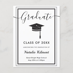 Cartão Postal De Anúncio Preto e Branco Moderno Chapéu de Graduado Formatur