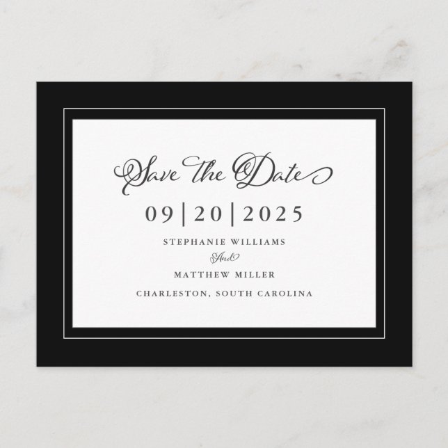 Cartão Postal De Anúncio Preto e Branco Save The Date Chique Casamento Eleg (Frente)
