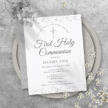 Cartão Postal De Anúncio Primeira Comuna Santa Prata Freseira Salva A Data<br><div class="desc">Uma elegante Primeira Comunhão salva o convite de data com delicada poeira prateada. Você pode personalizar com seus detalhes especiais de celebração em texto chic prata. Projetado por Thisnotme©</div>