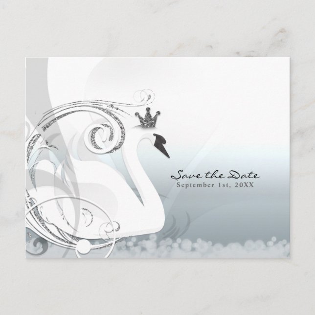 Cartão Postal De Anúncio Princesa Cisne Prata e Branco Save the Date (Frente)