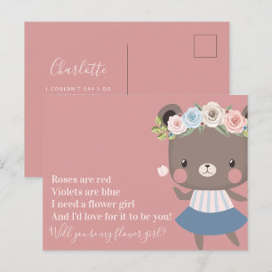 Cartão Postal De Anúncio Proposta de Menina de Flores de Casamento de Urso 