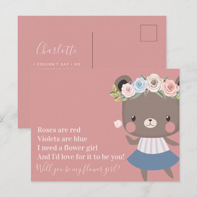 Cartão Postal De Anúncio Proposta de Menina de Flores no Casamento do Urso  (Frente/Verso)