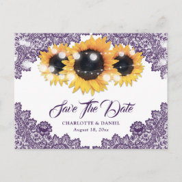 Cartão Postal De Anúncio Purple Sunflower Lace Wedding Save The Date