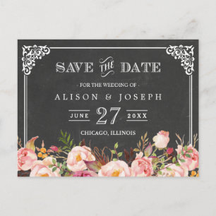 Cartão Postal De Anúncio Quadro Antigo Quadro-negro Floral Save the Date