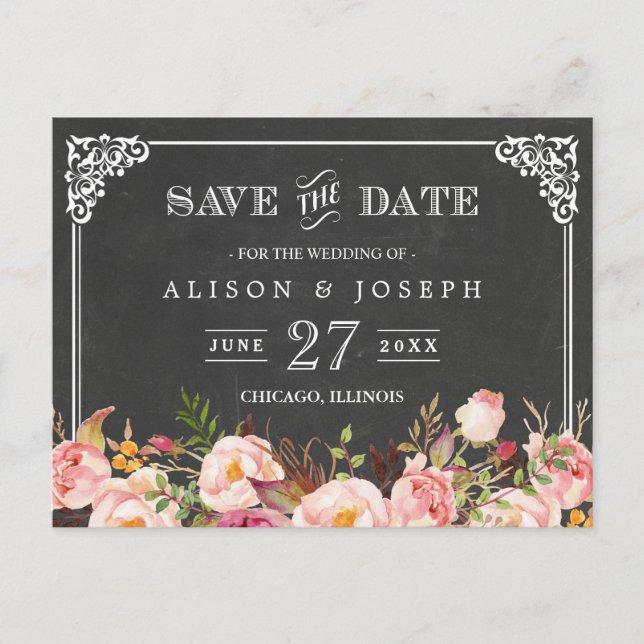 Cartão Postal De Anúncio Quadro Antigo Quadro-negro Floral Save the Date (Frente)