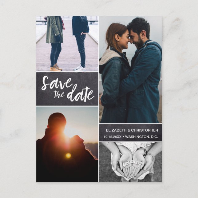 Cartão Postal De Anúncio Quadro personalizado Salve a data 4 Fotos (Frente)