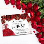 Cartão Postal De Anúncio Quinceanera black gold dress florais salvam a data<br><div class="desc">Uma garota e moda Salve o cartão de data para uma Quinceañera, 15 festa de aniversário. Rosas pretas decoradas em fundo preto, faxes de brilho dourado e um vestido de ouro. Personalize e adicione uma data e nome/idade. O texto: Salvar a Data é gravado com um script de estilo com...</div>