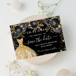 Cartão Postal De Anúncio Quinceanera black gold dress florals save the date<br><div class="desc">A girly and trendy Save the Date card for a Quinceañera,  15th birthday party. A black background decorated black roses,  faux gold glitter sparkles and a golden dress. Personalize and add a date and name/age. The text: Save the Date is written with a large trendy hand lettered style script.</div>