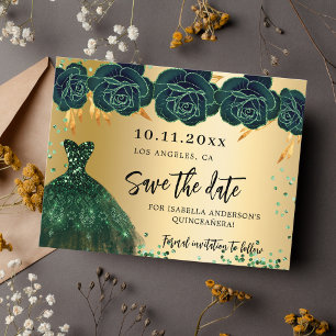 Cartão Postal De Anúncio Quinceanera green gold dress florals salvam a data