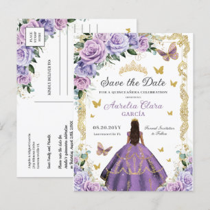 Cartão Postal De Anúncio Quinceañera Lilás Roxo Rosa Floral Dourada Princes