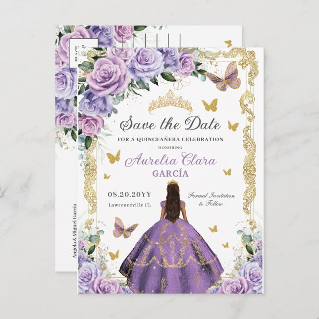 Cartão Postal De Anúncio Quinceañera Lilás Roxo Rosa Floral Dourado Princes (Frente/Verso)