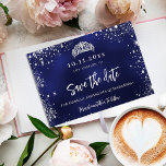 Cartão Postal De Anúncio Quinceanera marinho azul de prata tiara salvar a d<br><div class="desc">Uma garota e moda Salve o cartão de data para uma Quinceañera,  15 festa de aniversário. Um fundo azul marinho incolor. Decorado com pó falso prateado e uma tiara,  coroa. O texto: Salvar a Data é gravado com um script de estilo com letra de tendência grande.</div>