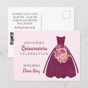 Cartão Postal De Anúncio Quinceañera moderna Glitter Glitter Código QR Conv