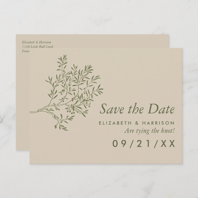 Cartão Postal De Anúncio Ramo de Oliveira, Casamento Rústico Salve o Dia (Frente/Verso)