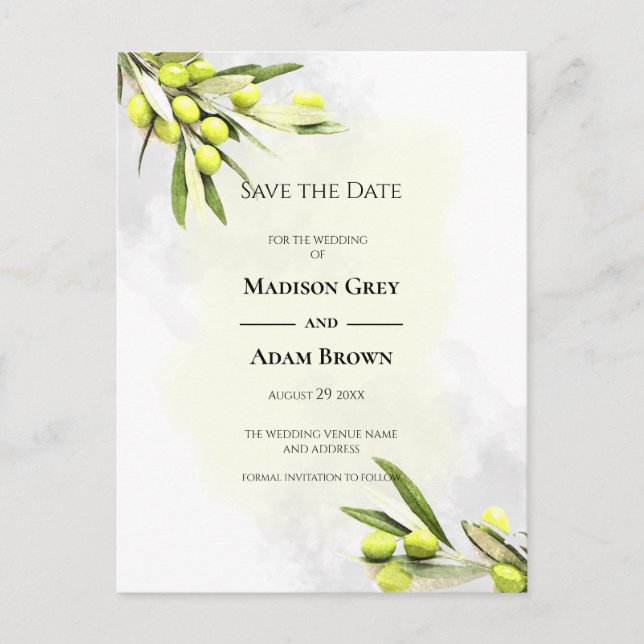 Cartão Postal De Anúncio Ramos de oliveira em aquarela elegante Salve a dat (Frente)
