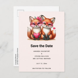 Cartão Postal De Anúncio Raposas Laranjas Fofas no Casamento de Amor