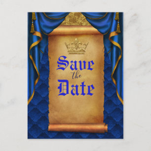 Cartão Postal De Anúncio Real Blue Dourado Drapll Scroll Wedll Data Salvar