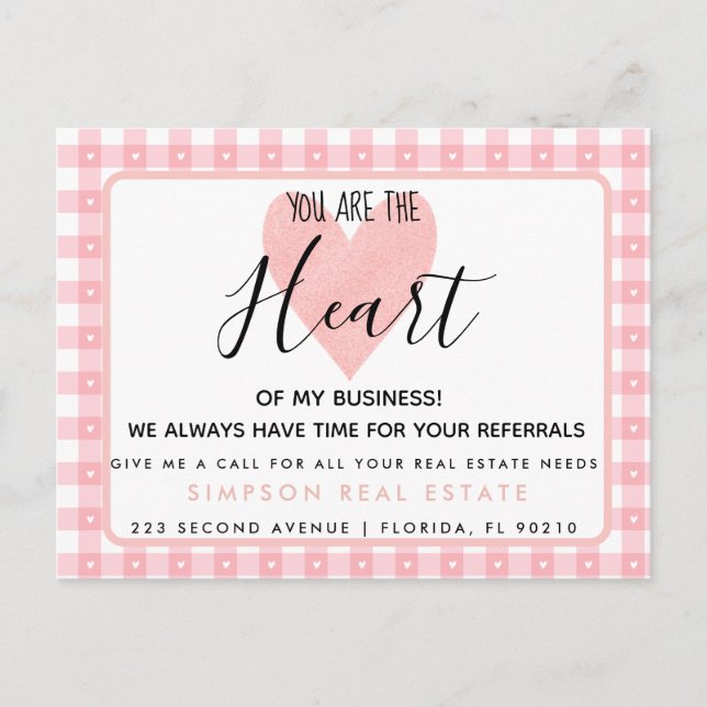 Cartão Postal De Anúncio real estate heart of my business referral card (Frente)