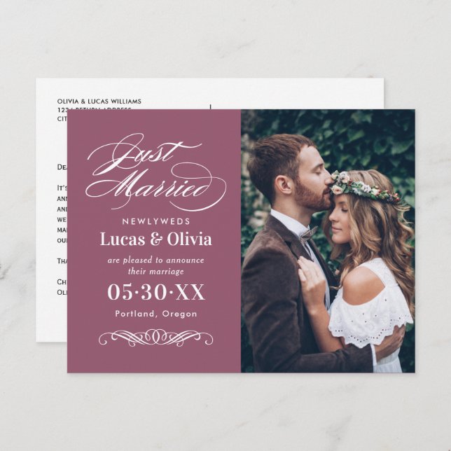 Cartão Postal De Anúncio Recém-Casados Cassis Foto de Casamento Elegante (Frente/Verso)