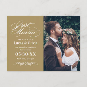 Cartão Postal De Anúncio Recém-Casados Foto de Casamento Antigo Dourado