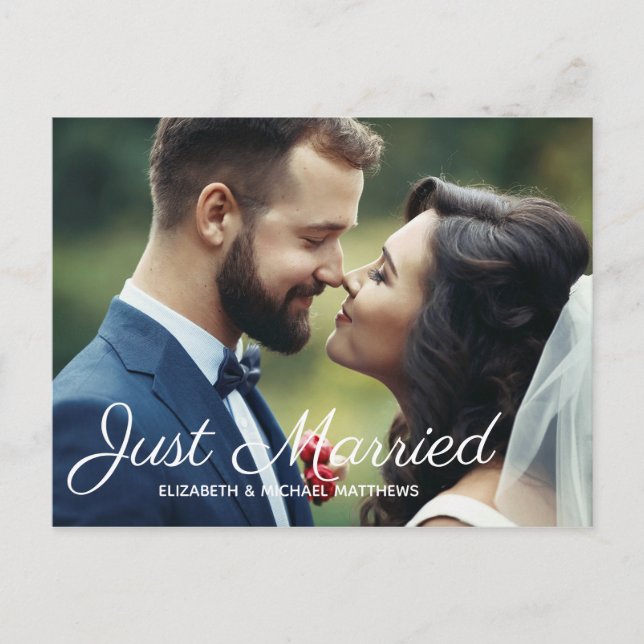 Cartão Postal De Anúncio Recém-casados script personalizado foto casamento  (Frente)