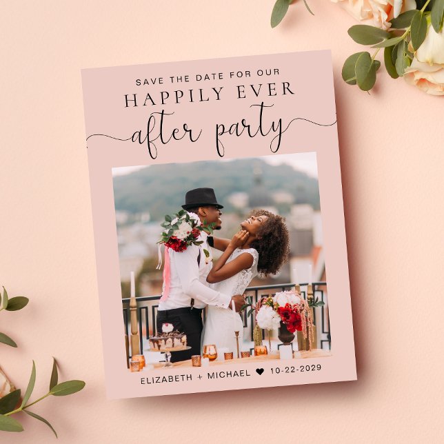 Cartão Postal De Anúncio Recepção de casamento rosa embebida em foto Salvar (A stylish save the date announcement for a reception to celebrate your elopement or private wedding)