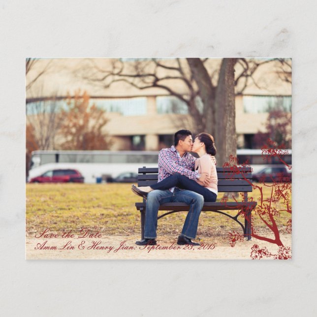 Cartão Postal De Anúncio Red Cherry Blossom Oriental Casamento Salve a Data (Frente)