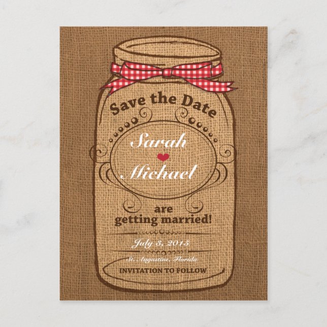 Cartão Postal De Anúncio Red Gingham e Burlap Mason Jar Salvem a Data (Frente)