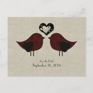 Cartão Postal De Anúncio Red Love Birds Linen Olhe Salve a Data