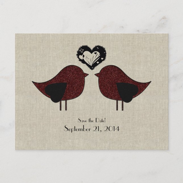 Cartão Postal De Anúncio Red Love Birds Linen Olhe Salve a Data (Frente)