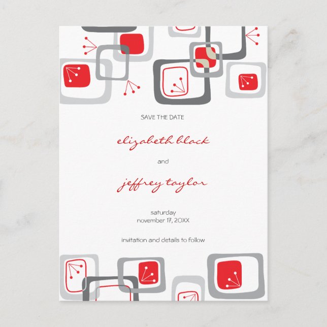 Cartão Postal De Anúncio Red Retro Cherry Squares Mod Art Salvar Data (Frente)