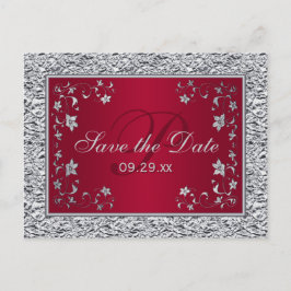 Cartão Postal De Anúncio Red, Silver FAUX FOIL Floral Salve a placa de data