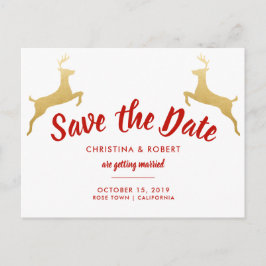 Cartão Postal De Anúncio Reindeer Dourado | Natal | Casamento Salvar a Data