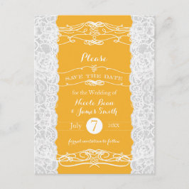 Cartão Postal De Anúncio Renda Amarela e Branca Save the Date de Casamento