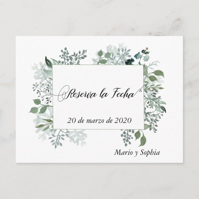 Cartão Postal De Anúncio Reserva La Fecha Folhas Salvar Data (Frente)