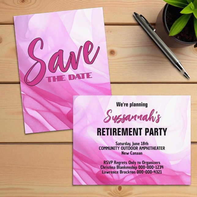 Cartão Postal De Anúncio Retirement Party Save The Date Pink Abstract (template invitation back template text)