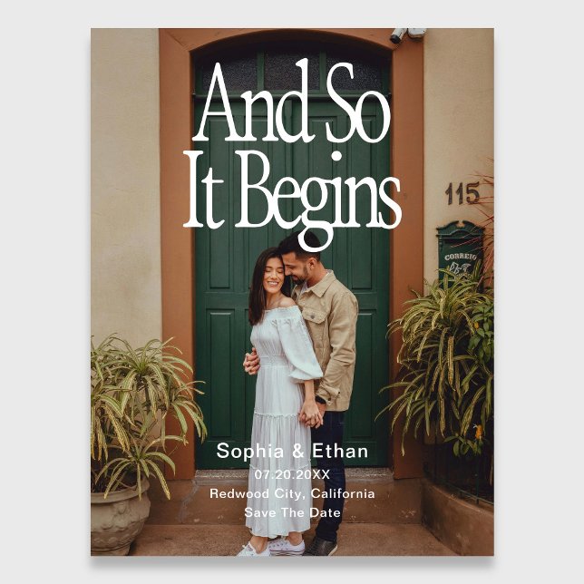 Cartão Postal De Anúncio Retro 90s And So It Begins Photo Save The Date (Criador carregado)