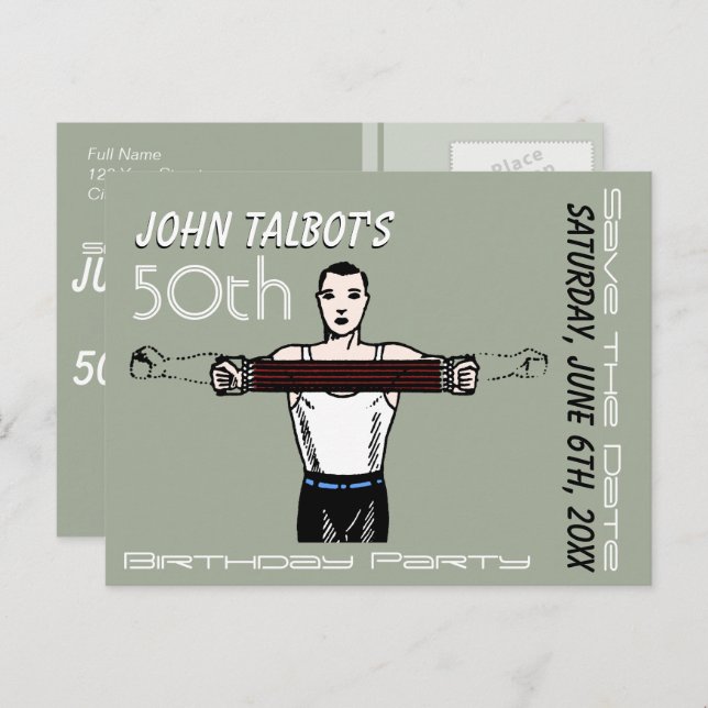 Cartão Postal De Anúncio Retro Bodybuilding 50º aniversário Salve a data (Frente/Verso)