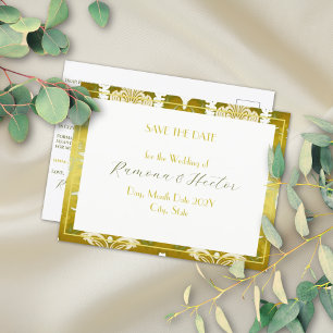 Cartão Postal De Anúncio Retro Dourado Verde Damask Salvar a Data