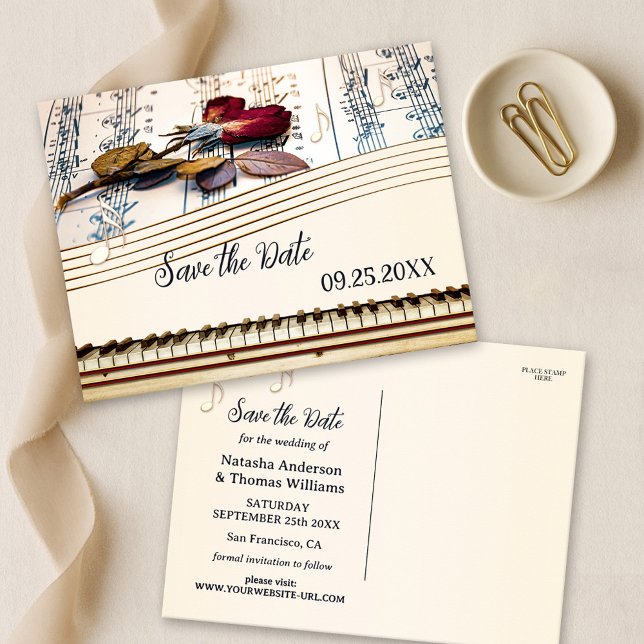 Cartão Postal De Anúncio Retro Romantic Music Themed Save the Date  (Save the Date postcard showing a rose on a music sheet with musical notes and a piano keyboard)