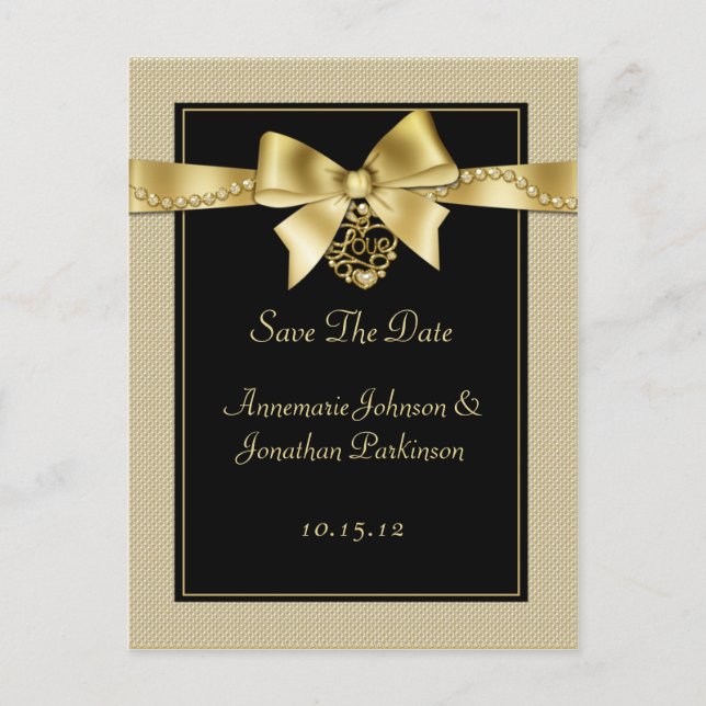 Cartão Postal De Anúncio Ribbon de Pérolas Douradas em Preto Save The Date (Frente)