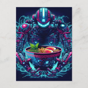 Cartão Postal De Anúncio Robô Futurista Ciberpunk Neon Comida Ramen