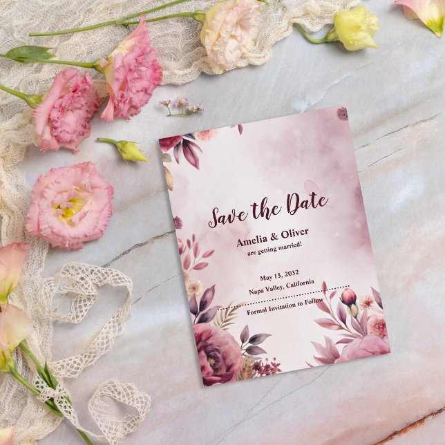 Cartão Postal De Anúncio Romantic Floral Botanical Wedding Save the Date (Blush Floral Wedding Announcement Postcard | Elegant Watercolor Botanical Wedding Card)