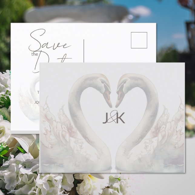 Cartão Postal De Anúncio Romântica Swans Casamento Salve a Data Cartão-Post (Romantic Swans Wedding Save the Date Postcard (front and back))