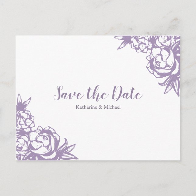 Cartão Postal De Anúncio Românticas Peônias Lavanda Noivado Save the Date (Frente)