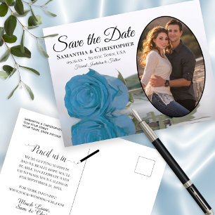 Cartão Postal De Anúncio Rosa Azul Turquesa Foto Casamento Salvar a Data