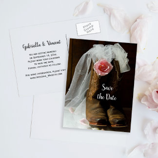 Cartão Postal De Anúncio Rosa do País Boots Casamento Salve a Data