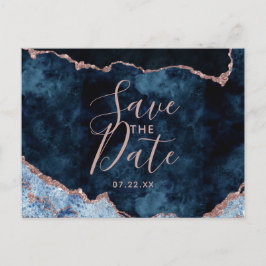Cartão Postal De Anúncio Rosa Dourada Azul-Marinho em Mármore Save the Date